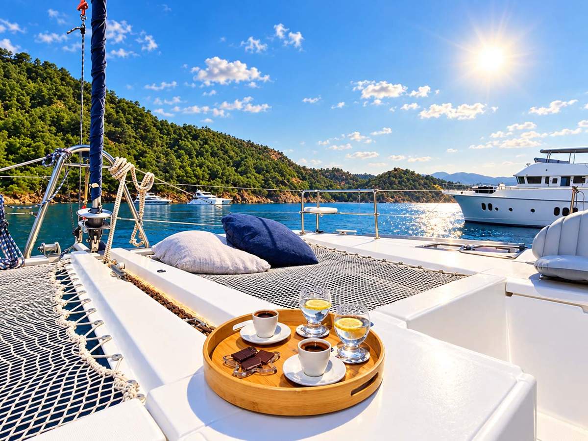 Katamaran Pano 1’in güvertesinden Göcek manzarası
